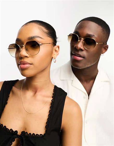 ray-ban jack round hex sunglasses in gold and brown